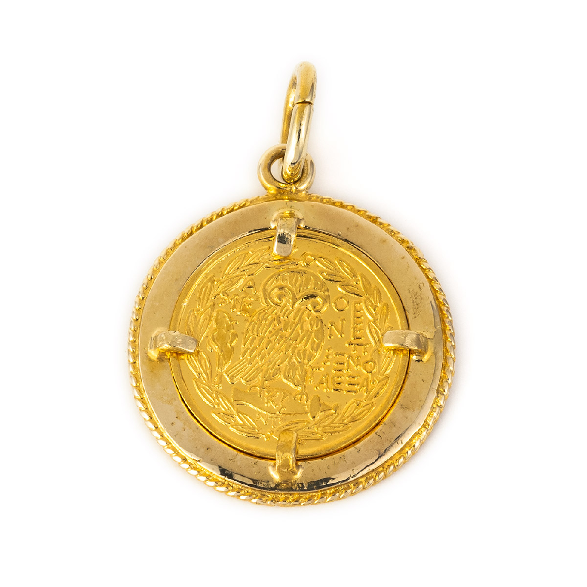 14K Gold and Blue Enamel Goddess Athena Coin Pendant - GREEK ROOTS