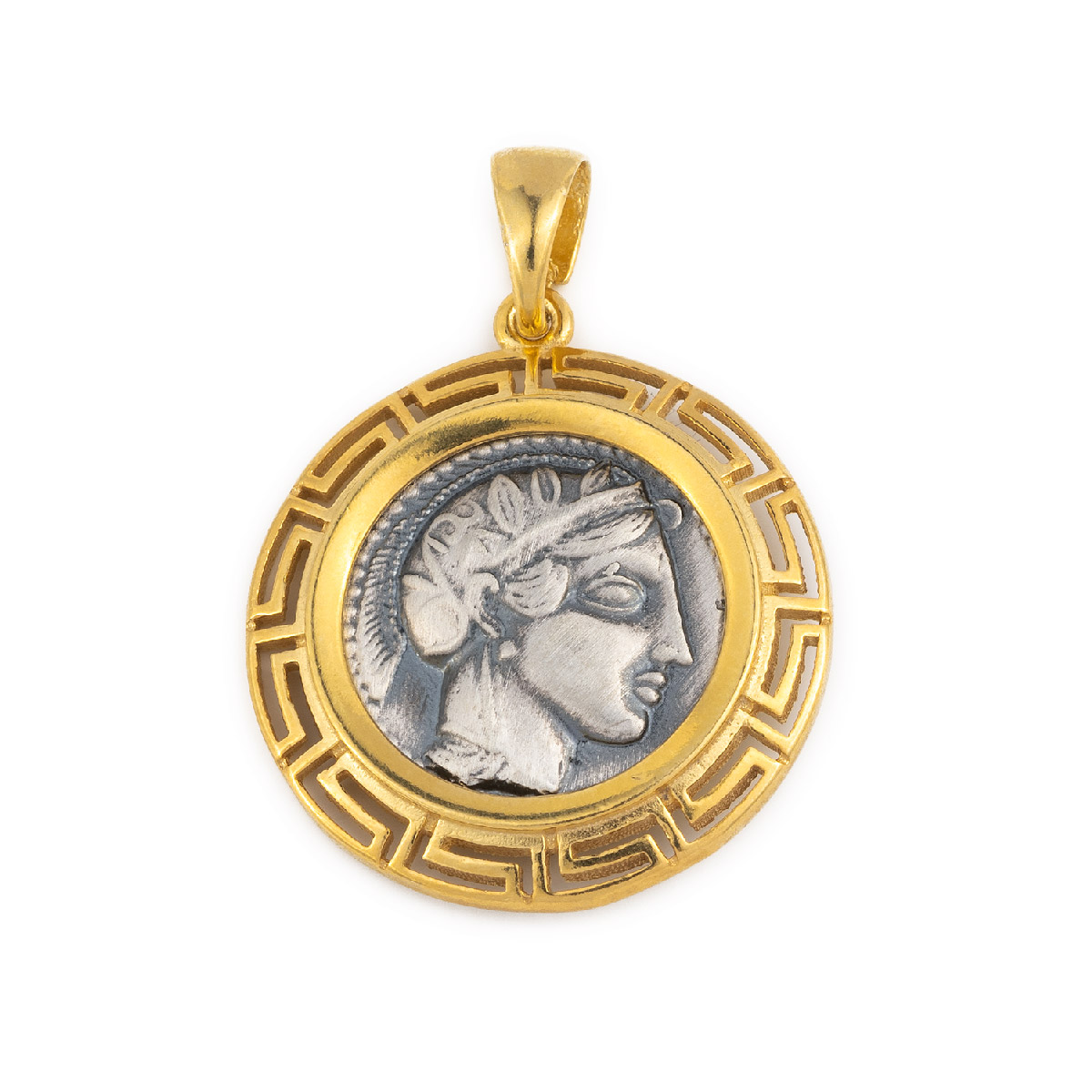 - Meander Design Goddess Athena Silver Coin Pendant High Quality Gold Plated 